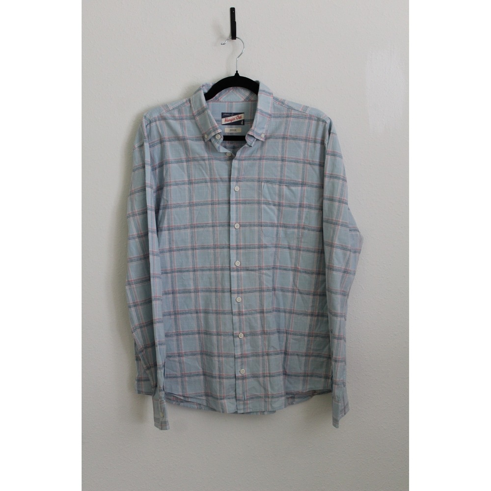 johnnie-O Hangin' Out Men's Medium Blue Pink Plaid Stretch Button Down Shirt